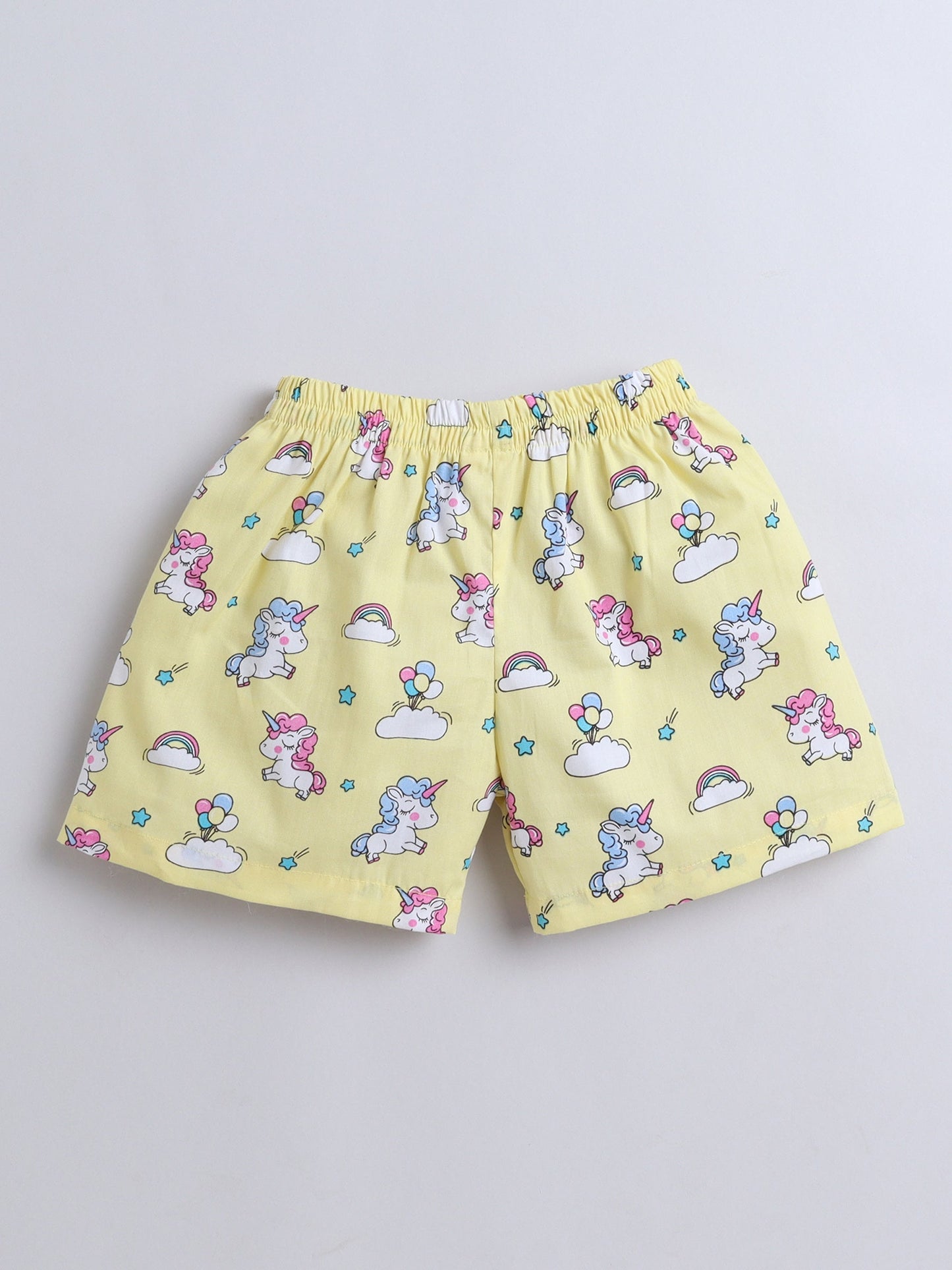 Cotton Woven Half Sleeves Unicorn Printed Shirt & Coordinating Shorts Set - Yellow