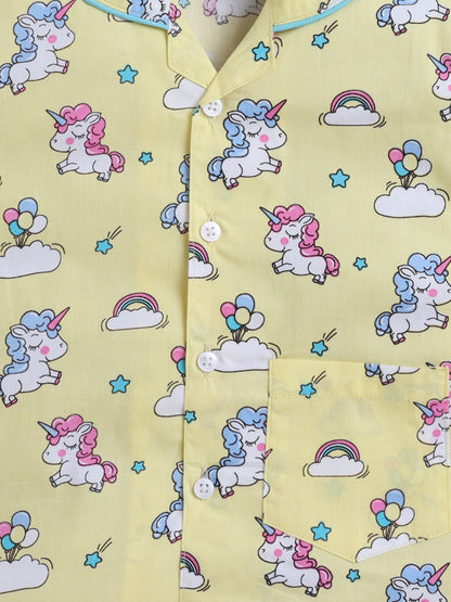 Cotton Woven Half Sleeves Unicorn Printed Shirt & Coordinating Shorts Set - Yellow