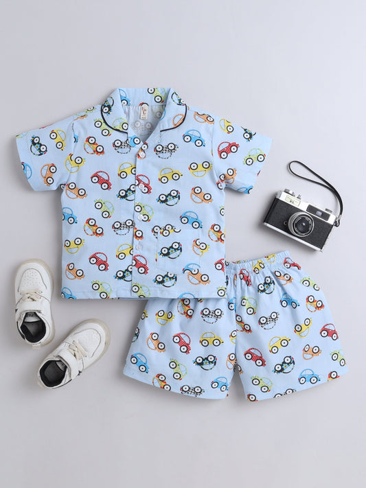 The Magic Wand Cotton Half Sleeve Vehicals Printed Night Suit Set Grey