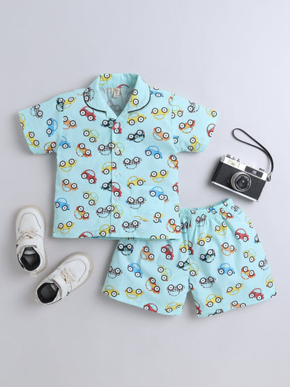 The Magic Wand Cotton Half Sleeve Car Printed Night Suit Set Blue