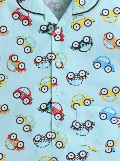 The Magic Wand Cotton Half Sleeve Car Printed Night Suit Set Blue
