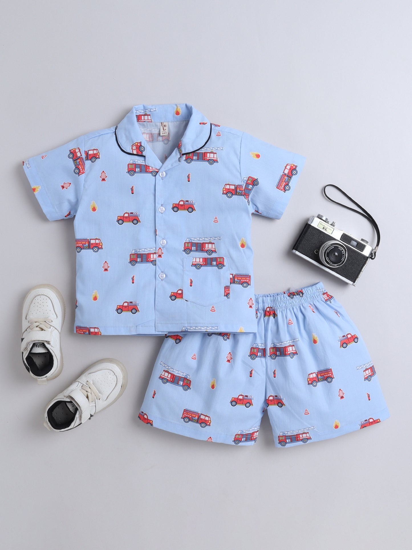 The Magic Wand Cotton Half Sleeve Car Print Night Suit Set - Blue