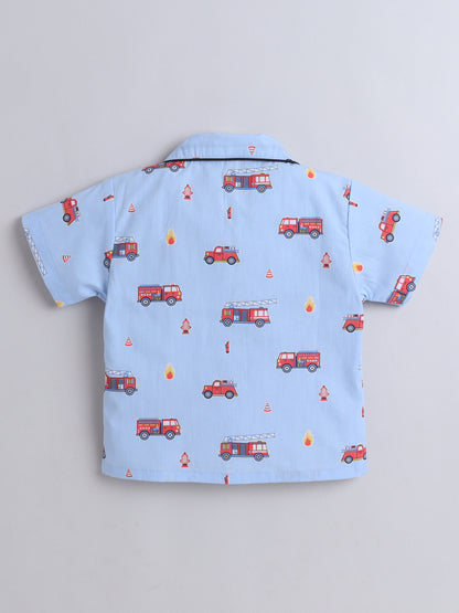 The Magic Wand Cotton Half Sleeve Car Print Night Suit Set - Blue
