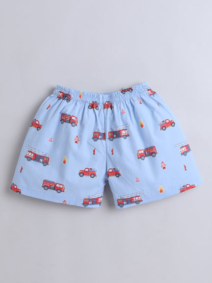 The Magic Wand Cotton Half Sleeve Car Print Night Suit Set - Blue