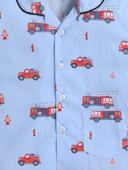 The Magic Wand Cotton Half Sleeve Car Print Night Suit Set - Blue