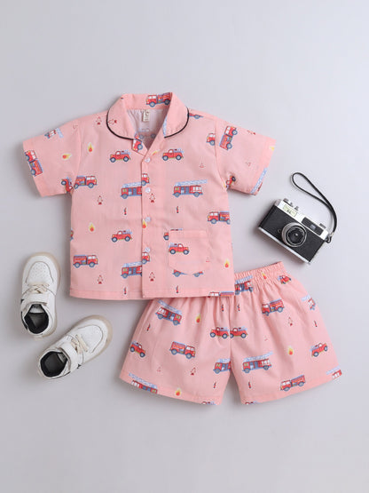 Cotton Half Sleeve Vehicals Printed Night Suit Set - Pink