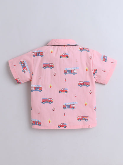 Cotton Half Sleeve Vehicals Printed Night Suit Set - Pink