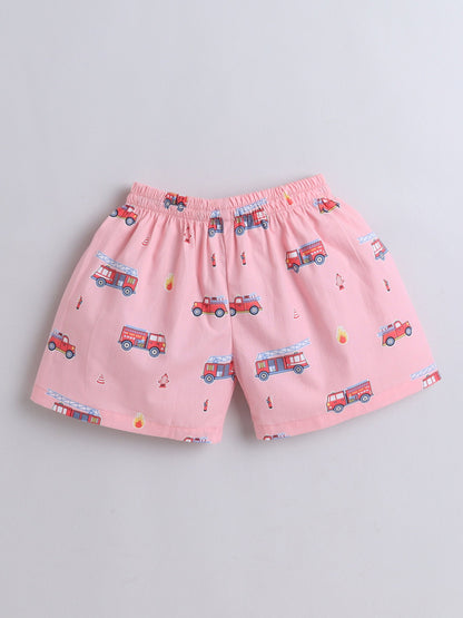 Cotton Half Sleeve Vehicals Printed Night Suit Set - Pink