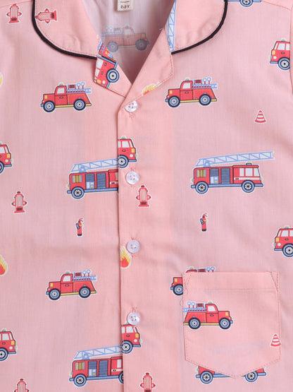 Cotton Half Sleeve Vehicals Printed Night Suit Set - Pink