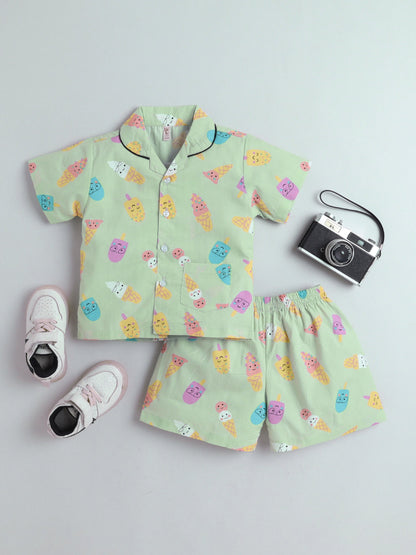 The Magic Wand Cotton Half Sleeve Candy Printed Night Suit Set Green