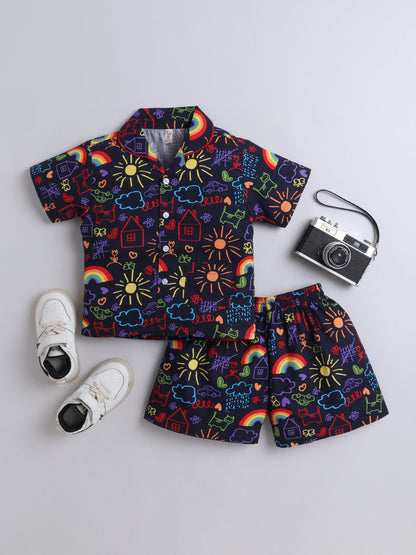 Cotton Woven Half Sleeves Doodle Art Printed Coordinating Night Suit Set - Blue