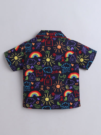 Cotton Woven Half Sleeves Doodle Art Printed Coordinating Night Suit Set - Blue