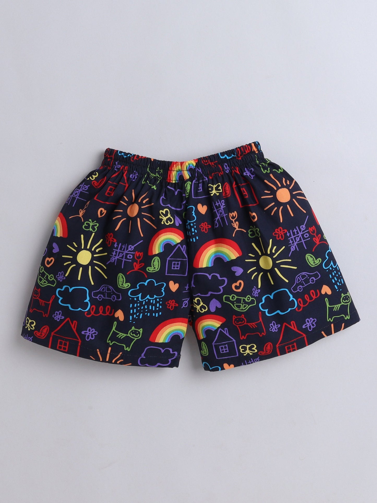 Cotton Woven Half Sleeves Doodle Art Printed Coordinating Night Suit Set - Blue