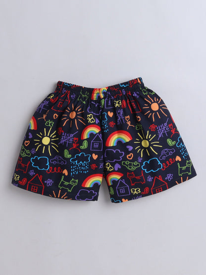 Cotton Woven Half Sleeves Doodle Art Printed Coordinating Night Suit Set - Blue