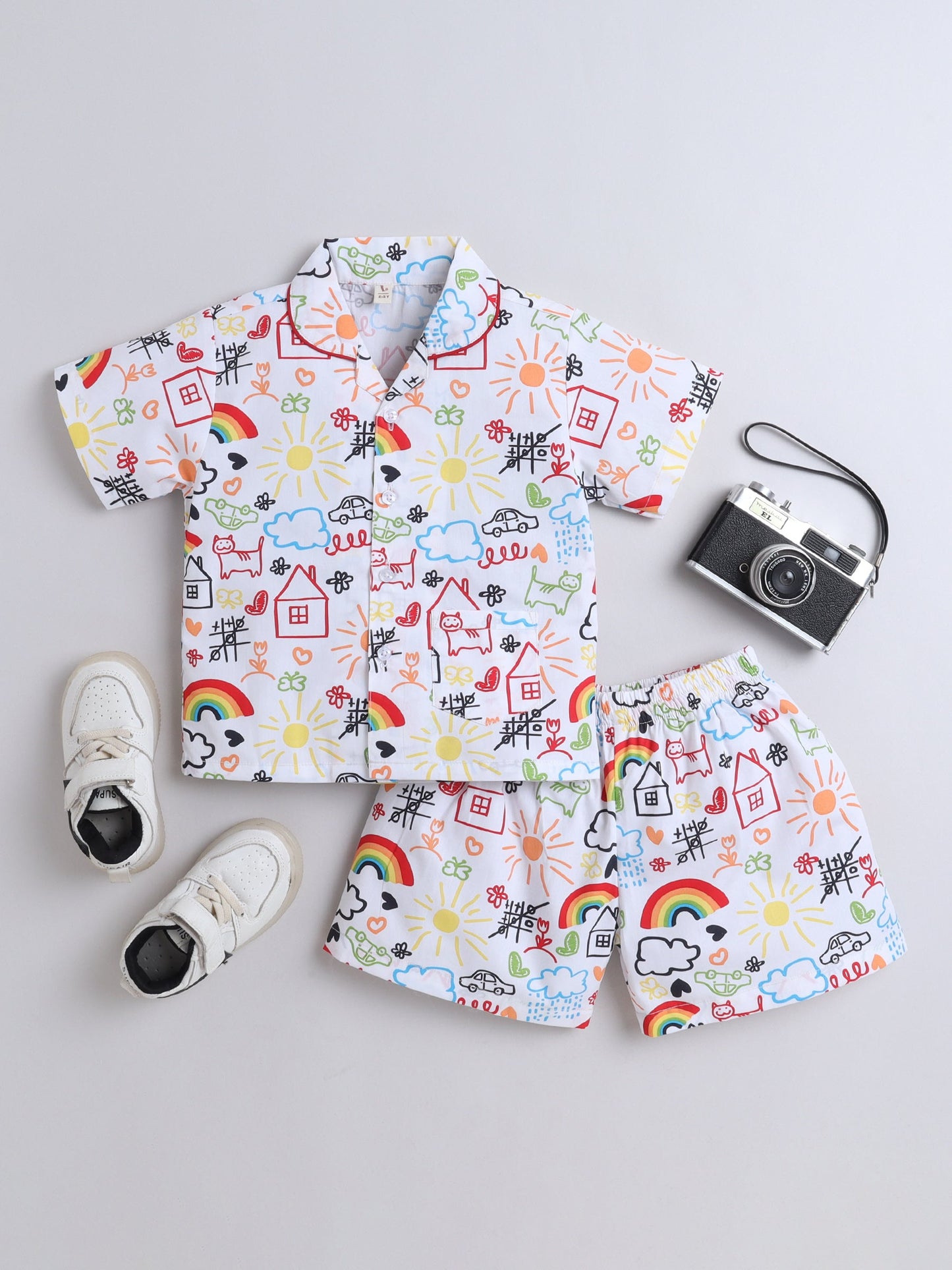 Cotton Woven Half Sleeves Doodle Art Printed Coordinating Night Suit Set - White