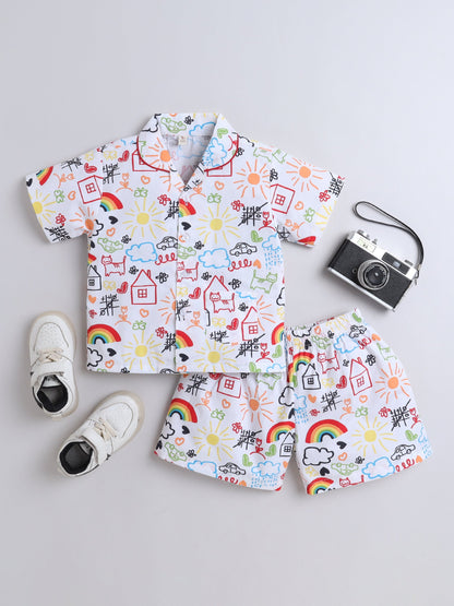 Cotton Woven Half Sleeves Doodle Art Printed Coordinating Night Suit Set - White