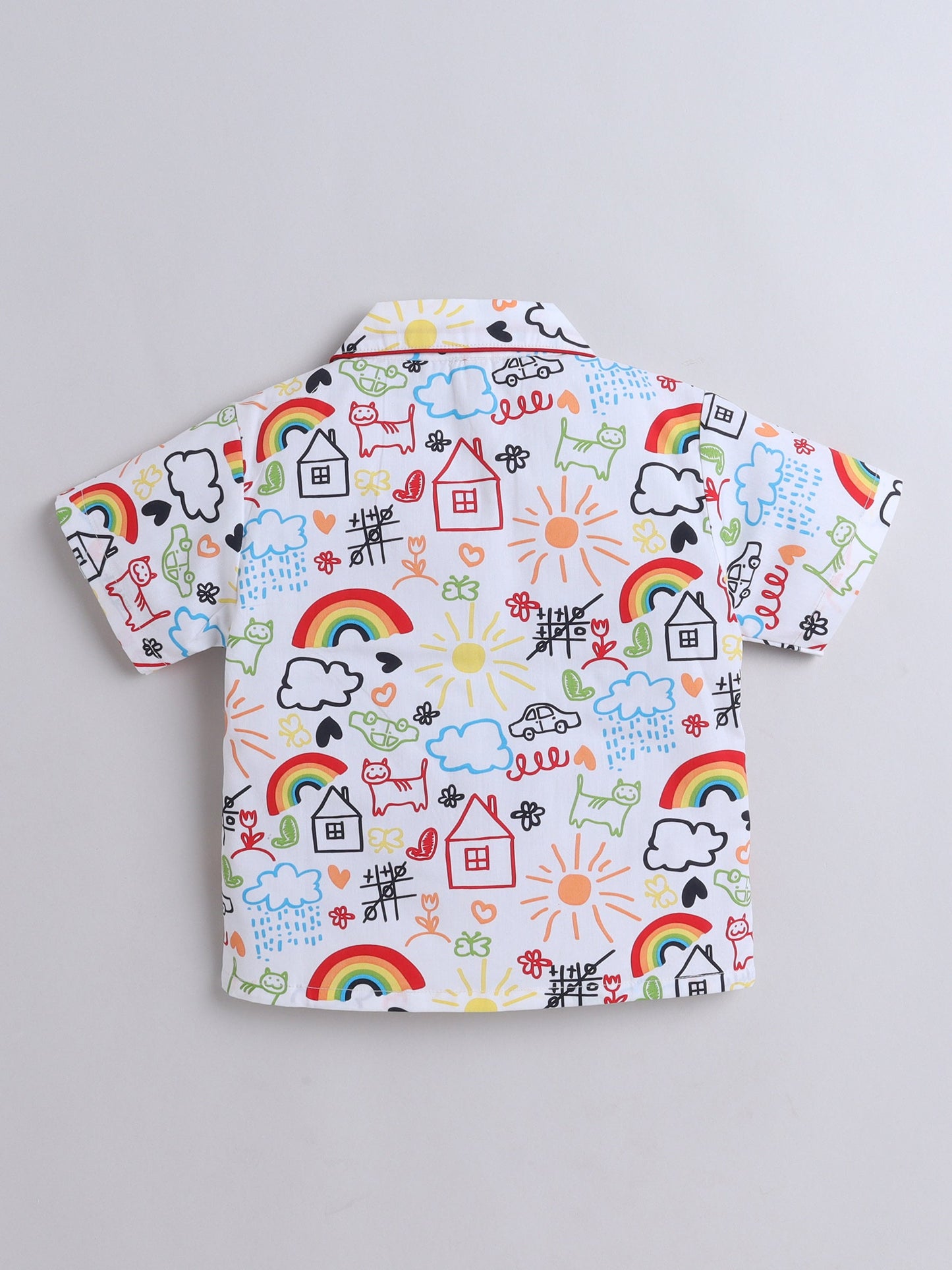 Cotton Woven Half Sleeves Doodle Art Printed Coordinating Night Suit Set - White