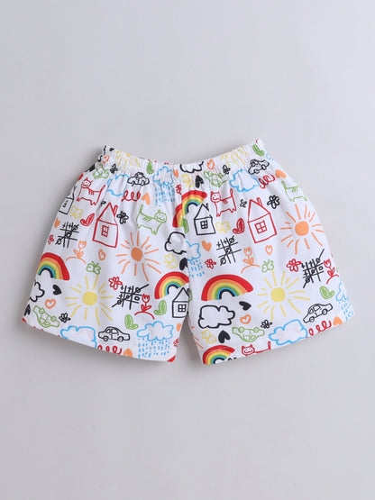 Cotton Woven Half Sleeves Doodle Art Printed Coordinating Night Suit Set - White