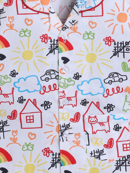 Cotton Woven Half Sleeves Doodle Art Printed Coordinating Night Suit Set - White