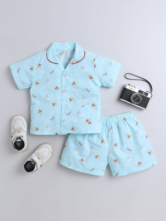 The Magic Wand Cotton Half Sleeve Airplane Printed Night Suit Set Blue