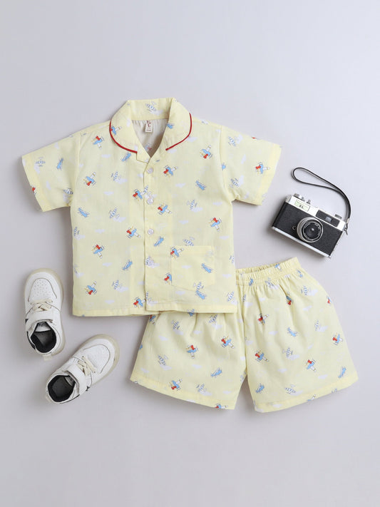 The Magic Wand Cotton Half Sleeve Airplane Printed Night Suit Set Yellow