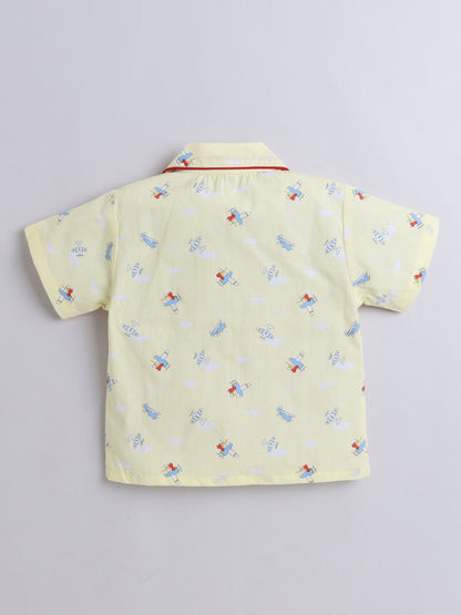 The Magic Wand Cotton Half Sleeve Airplane Printed Night Suit Set Yellow