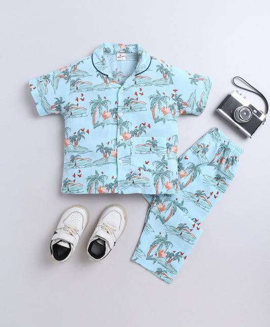 The Magic Wand Poplin Cotton Half Sleeves Beach Printed Night Suit Set- Blue