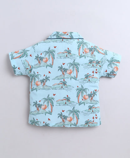 The Magic Wand Poplin Cotton Half Sleeves Beach Printed Night Suit Set- Blue