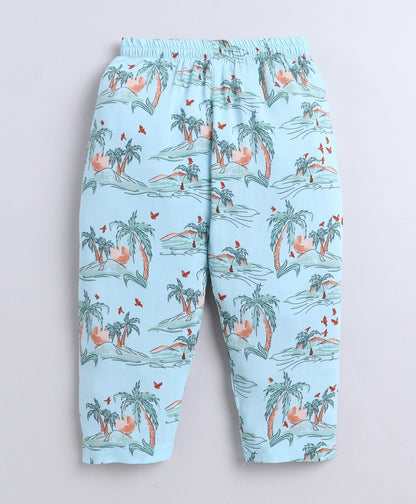The Magic Wand Poplin Cotton Half Sleeves Beach Printed Night Suit Set- Blue