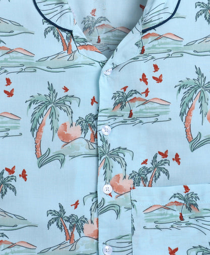 The Magic Wand Poplin Cotton Half Sleeves Beach Printed Night Suit Set- Blue