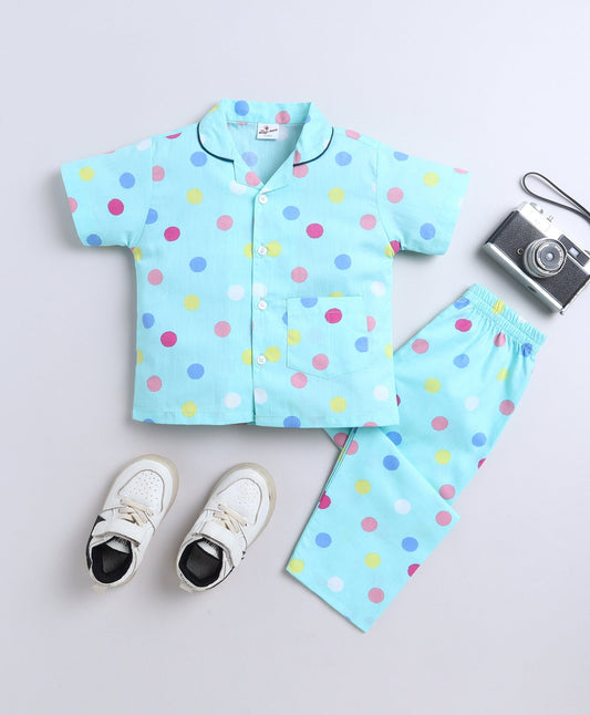 The Magic Wand Poplin Cotton Half Sleeves Polka Dot Printed Night Suit Set- Green