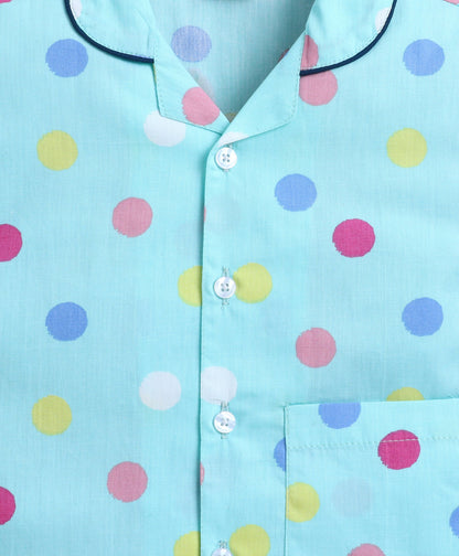 The Magic Wand Poplin Cotton Half Sleeves Polka Dot Printed Night Suit Set- Green