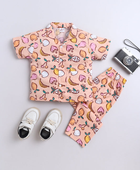 The Magic Wand Poplin Cotton Half Sleeves Fruits Printed Night Suit Set- Peach