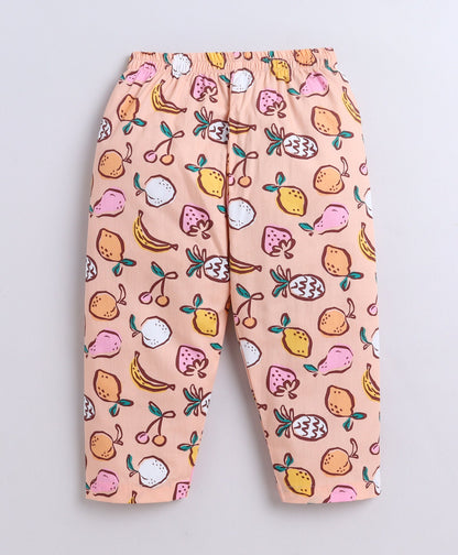 The Magic Wand Poplin Cotton Half Sleeves Fruits Printed Night Suit Set- Peach
