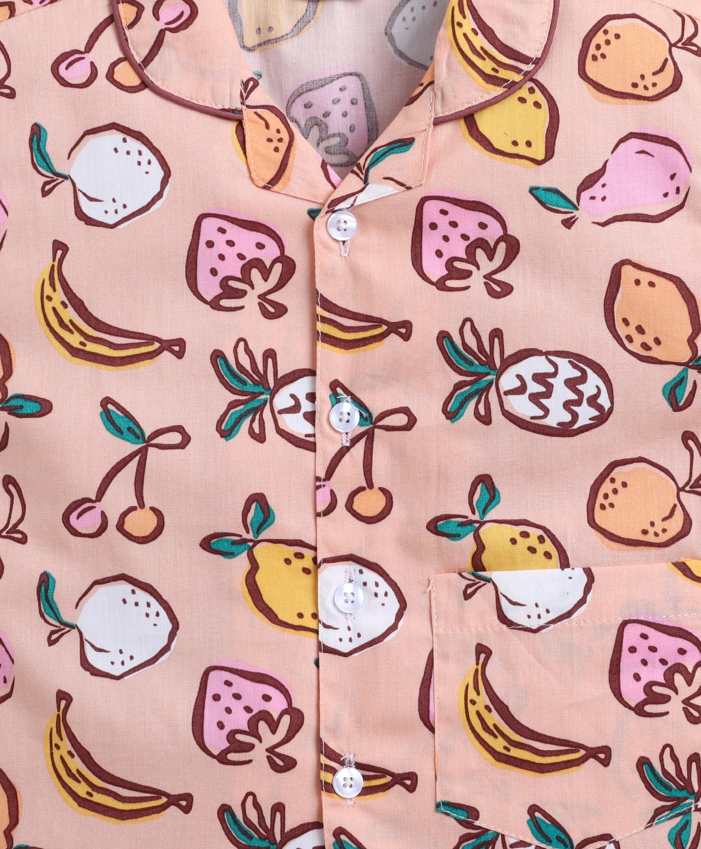 The Magic Wand Poplin Cotton Half Sleeves Fruits Printed Night Suit Set- Peach