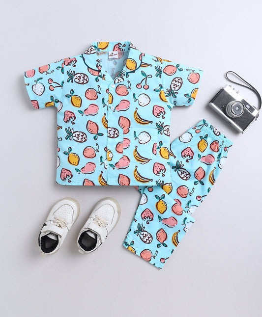 The Magic Wand Poplin Cotton Half Sleeves Fruits Printed Night Suit Set- Blue