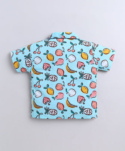 The Magic Wand Poplin Cotton Half Sleeves Fruits Printed Night Suit Set- Blue
