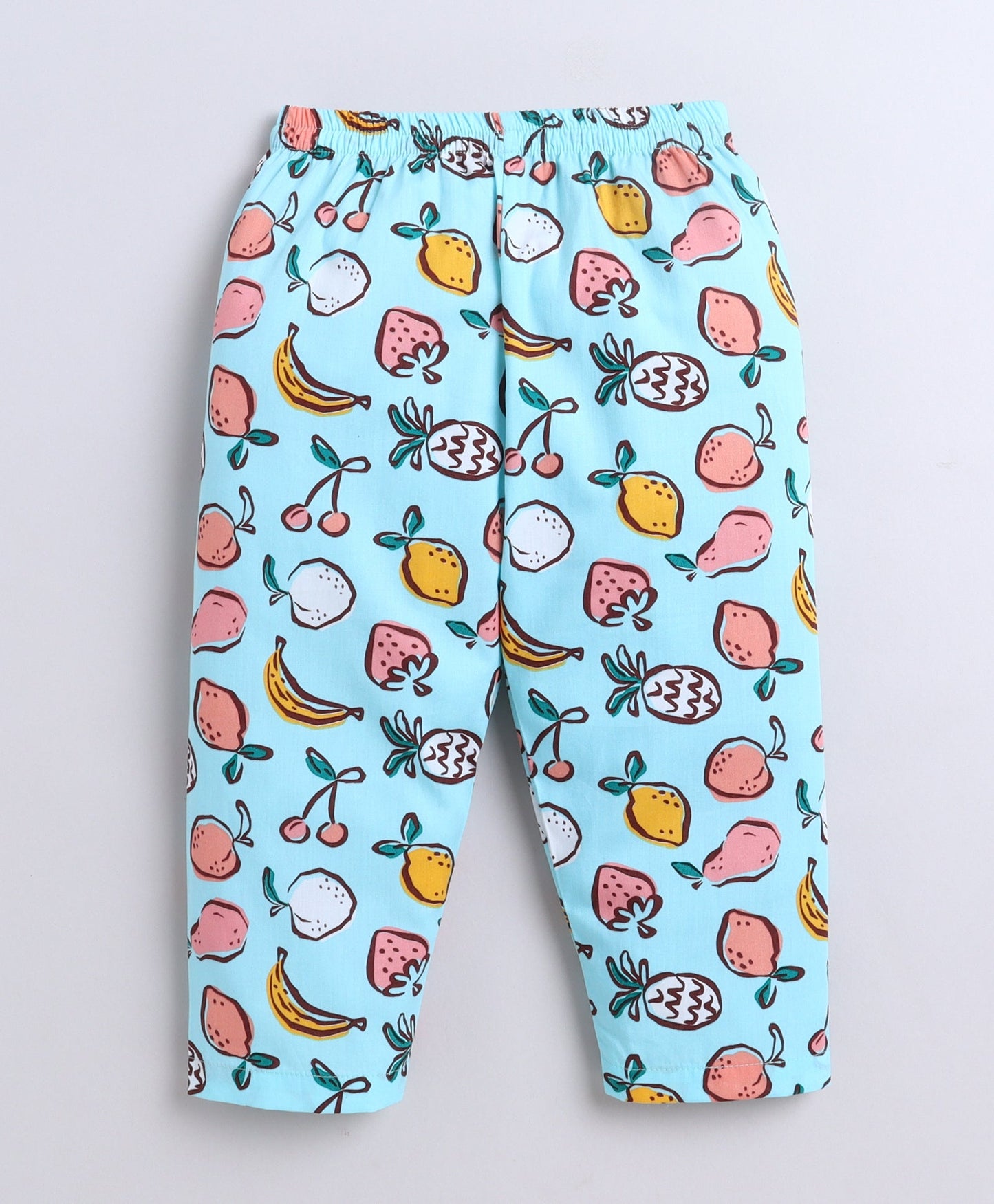 The Magic Wand Poplin Cotton Half Sleeves Fruits Printed Night Suit Set- Blue