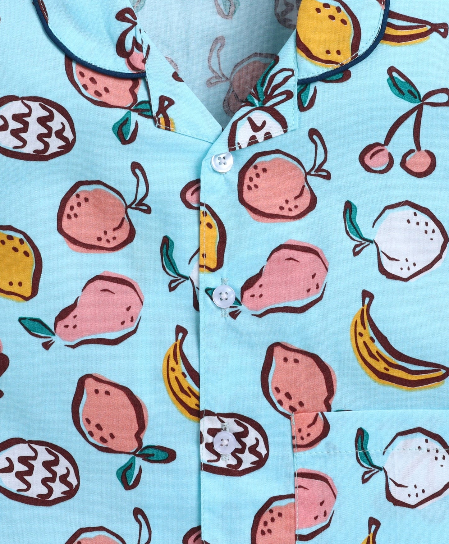 The Magic Wand Poplin Cotton Half Sleeves Fruits Printed Night Suit Set- Blue