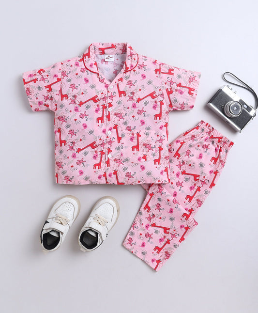 The Magic Wand Poplin Cotton Half Sleeves Animal Printed Night Suit Set- Pink