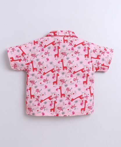 The Magic Wand Poplin Cotton Half Sleeves Animal Printed Night Suit Set- Pink