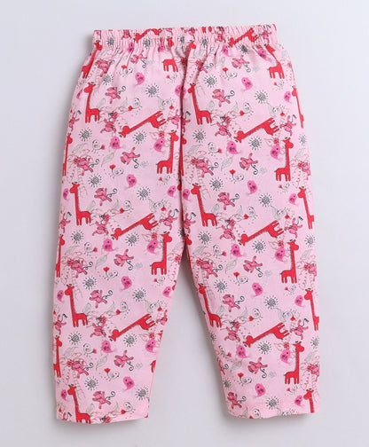 The Magic Wand Poplin Cotton Half Sleeves Animal Printed Night Suit Set- Pink