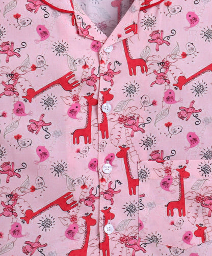 The Magic Wand Poplin Cotton Half Sleeves Animal Printed Night Suit Set- Pink