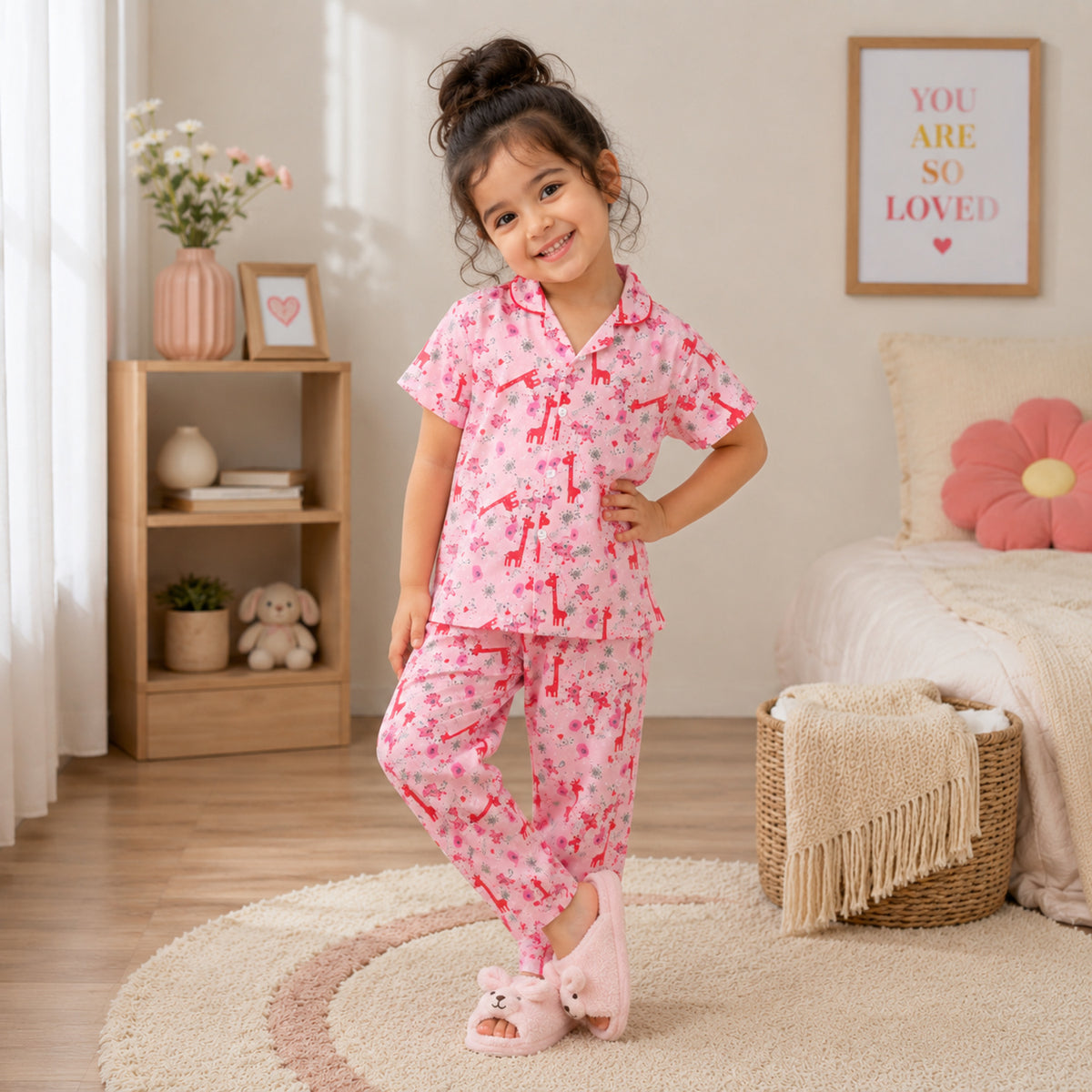 Cotton Half Sleeves Animal Printed Night Suit Set - Pink