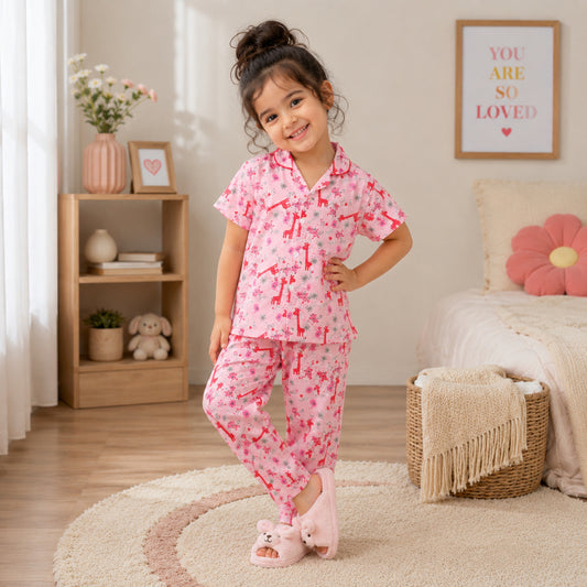 Cotton Half Sleeves Animal Printed Night Suit Set - Pink