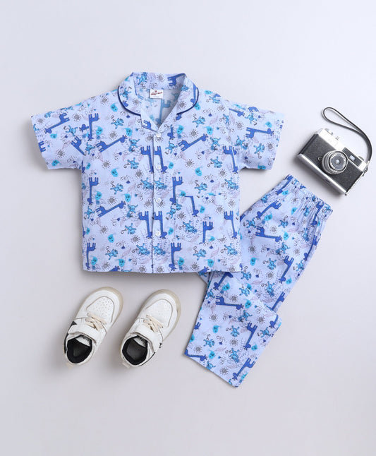 The Magic Wand Poplin Cotton Half Sleeves Animal Printed Night Suit Set- Blue