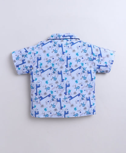 The Magic Wand Poplin Cotton Half Sleeves Animal Printed Night Suit Set- Blue