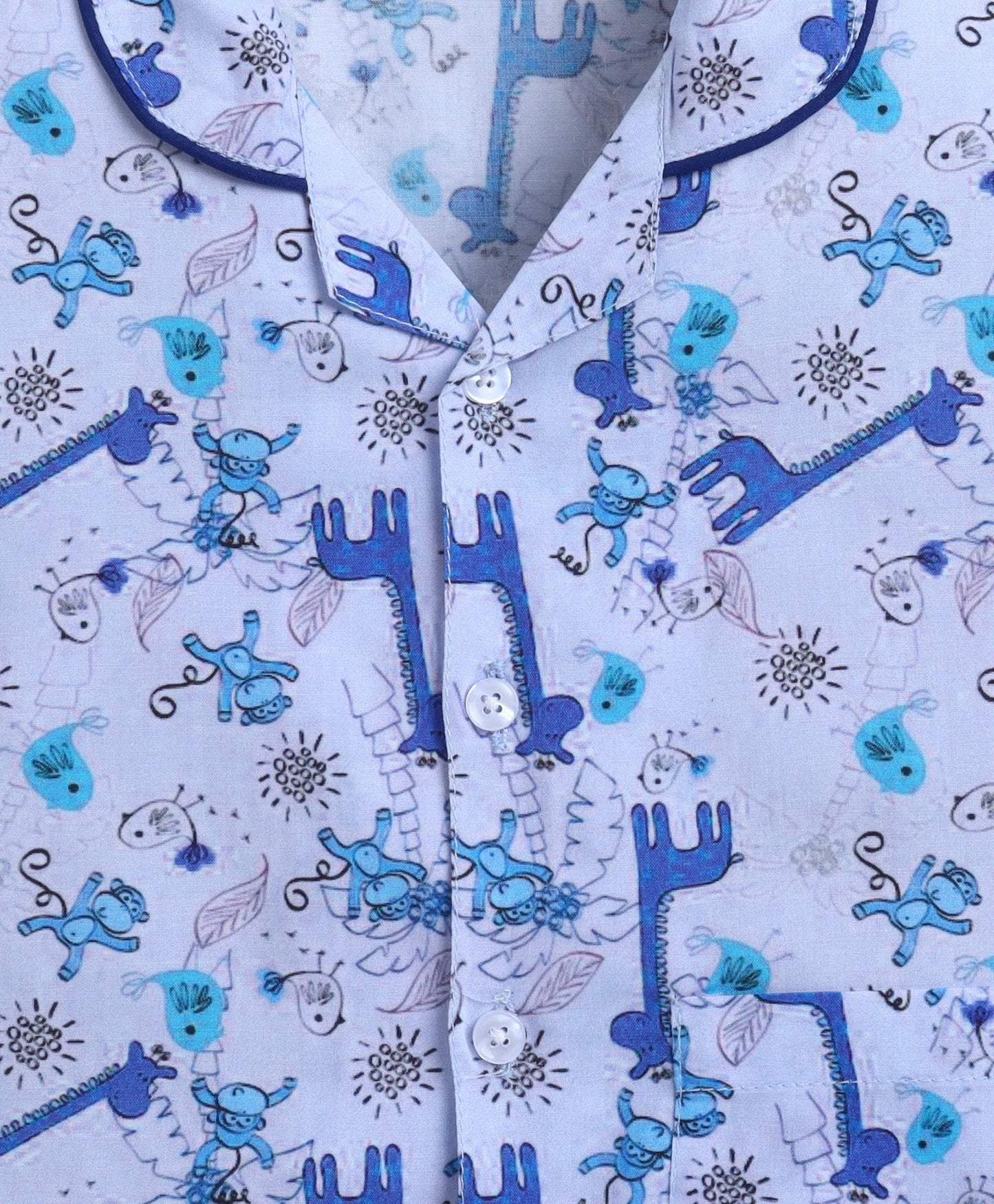 The Magic Wand Poplin Cotton Half Sleeves Animal Printed Night Suit Set- Blue