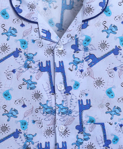 The Magic Wand Poplin Cotton Half Sleeves Animal Printed Night Suit Set- Blue