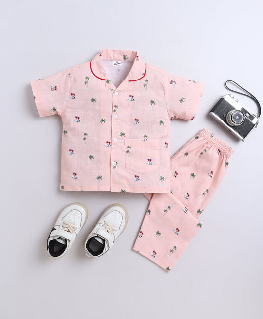 The Magic Wand Poplin Cotton Half Sleeves AII Palm Tree Printed Night Suit Set- Peach